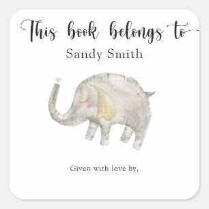 Sticker Carré Ballon d'aquarelle Elephant - ce livre appartient 