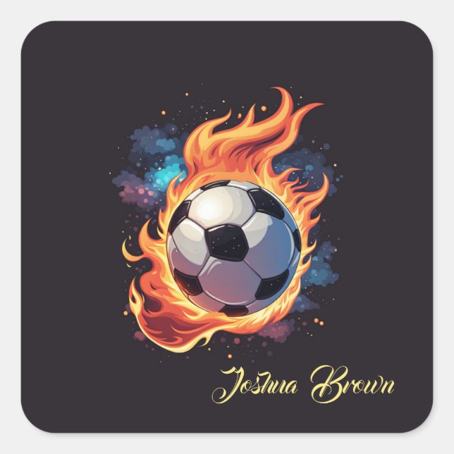 Sticker Carré Ballon de football volant avec flammes. (Devant)