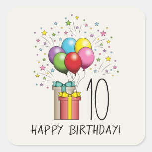Sticker Carré Ballons D'Anniversaire Et Présente Avec L'Âge Et L
