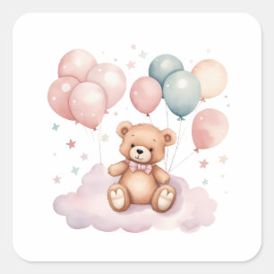 Sticker Carré Ballons d'aquarelle mignonne Ours en peluche sur n
