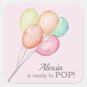 Sticker Carré Ballons d'aquarelle sur Baby shower bébé fille ros