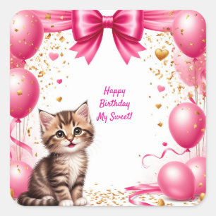 Sticker Carré Ballons de fête d'anniversaire pour un mignon chat