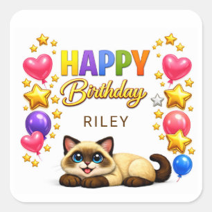 Sticker Carré Ballons et Étoiles de Chat Siamois Joyeux Annivers