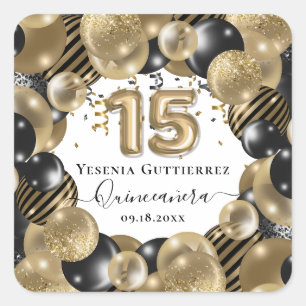 Sticker Carré Balloon de Quinceanera Noire à étincelles en or
