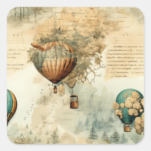 Sticker Carré Balloon vintage à air chaud dans un paysage serein