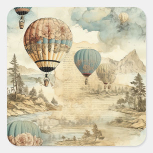 Sticker Carré Balloon vintage à air chaud dans un paysage serein