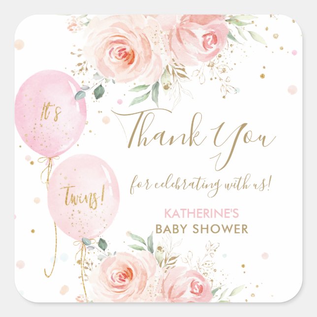 Sticker Carré Balloons Floral Twins Baby shower Merci Favoriser (Devant)