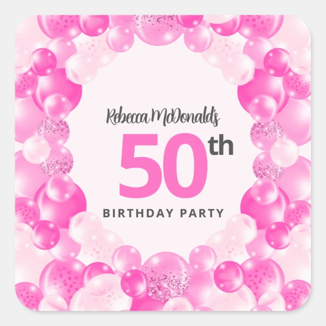 Sticker Carré Balloons roses chauds Faux Parties scintillant 50e (Devant)