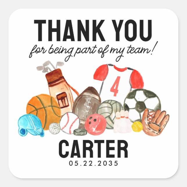 Sticker Carré Bals de sport mignons Merci Anniversaire de enfant (Devant)