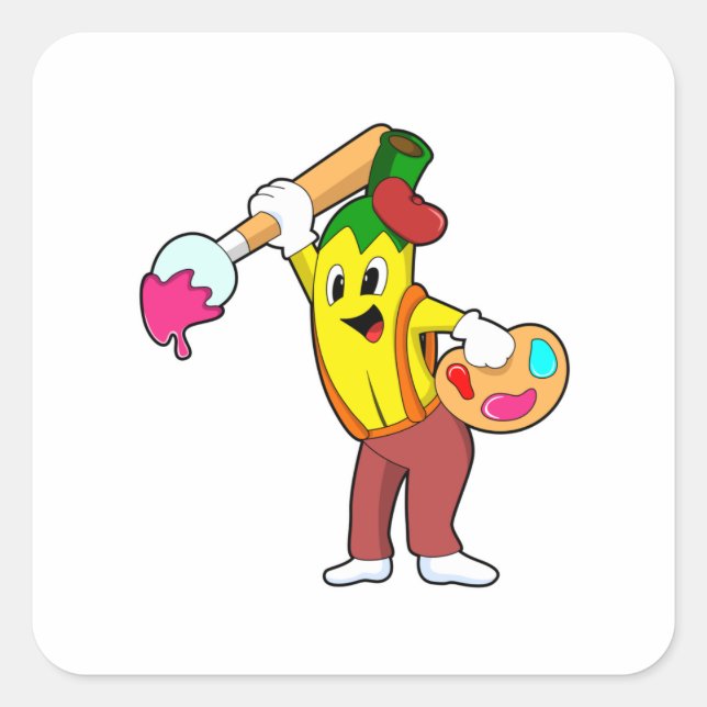 Sticker Carré Banane en peintre avec pinceau (Devant)