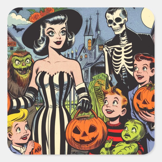 Sticker Carré Bande dessinée d'Halloween vintage (Devant)