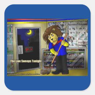 Sticker Carré Bande dessinée drôle de Rick London "Lion Sweeps T