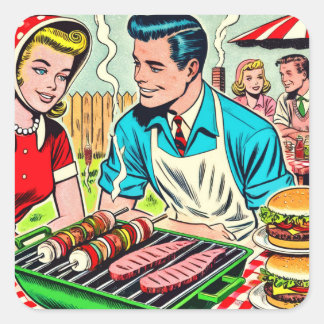 Sticker Carré Bandes dessinées vintage Barbecue Couple