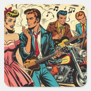 Sticker Carré Bandes dessinées vintage Rock and Roll des années 