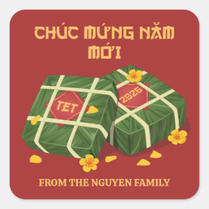Sticker Carré Banh Chung rouge et or Tet vietnamien 2026