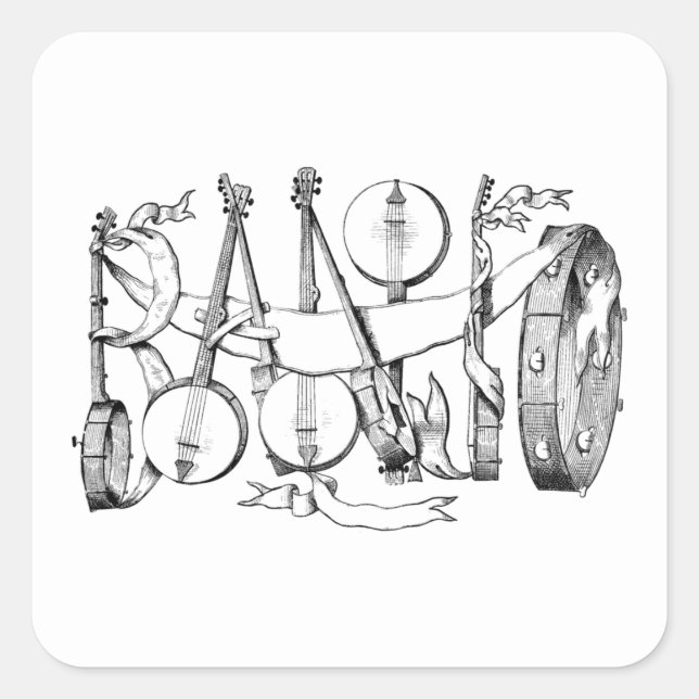 Sticker Carré banjo épelé avec banjos illustration art (Devant)
