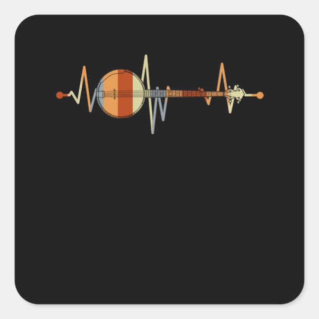 Sticker Carré Banjo Heartbeat Bluegrass Cadeau Country Music Ban (Devant)