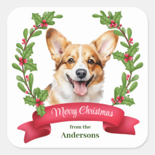 Sticker Carré Bannière rouge Holly Corgi Dog Noël