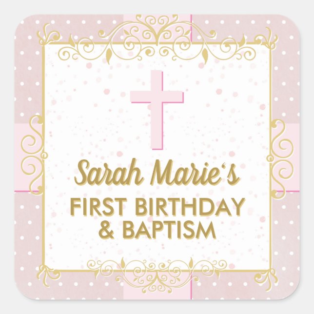 Sticker Carré Baptême 1er Anniversaire Pink Gold Texte Polka Poi (Devant)