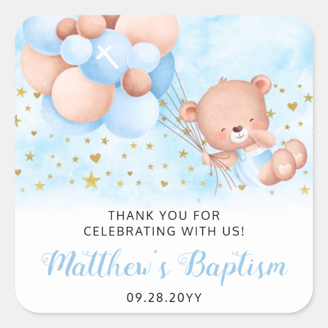 Sticker Carré Baptême Bleu Ours Teddy Merci Baptême Faveur S (Devant)