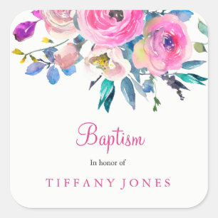 Sticker Carré Baptême de baptême rose floral