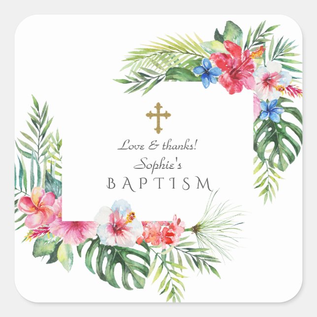 Sticker Carré Baptême du cadre floral tropical exotique hawaïen (Devant)