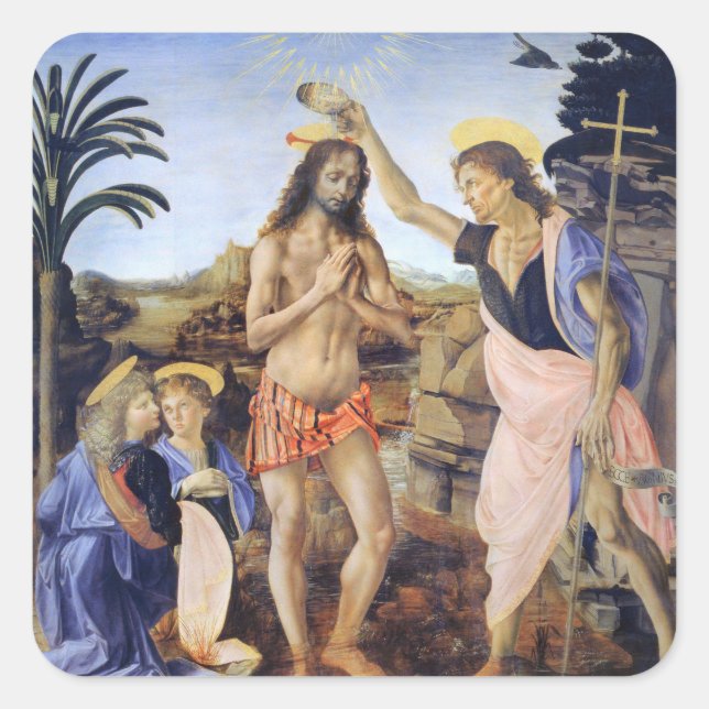 Sticker Carré Baptême du Christ par Verrocchio, Léonard de Vinci (Devant)