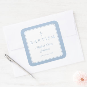 Sticker Carré Baptême élégant bébé bleu croix garçon
