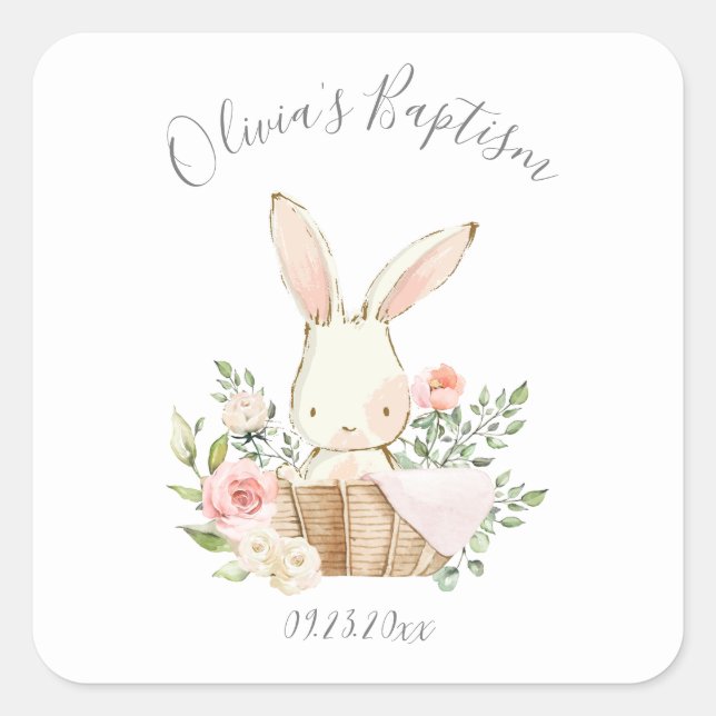 Sticker Carré Baptême rose Blush Lapin Lapin Fille Bébé (Devant)