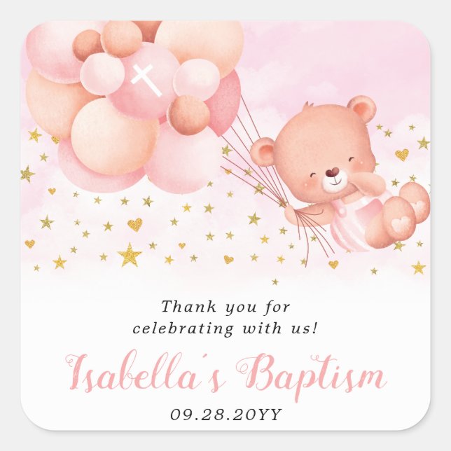 Sticker Carré Baptême rose Teddy Bear Merci Le Baptême favorise (Devant)