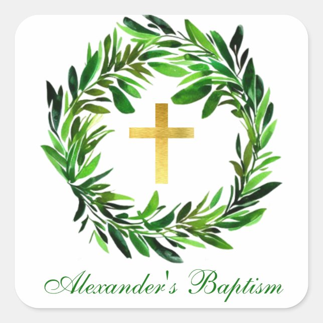 Sticker Carré Baptême Verdure Faux Gold Cross Foliage Wreath (Devant)