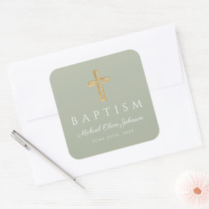 Sticker Carré Baptême vert Croix Sage Religieux