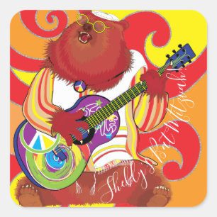 Sticker Carré Bar Bat mitzvah Hippie chante ours