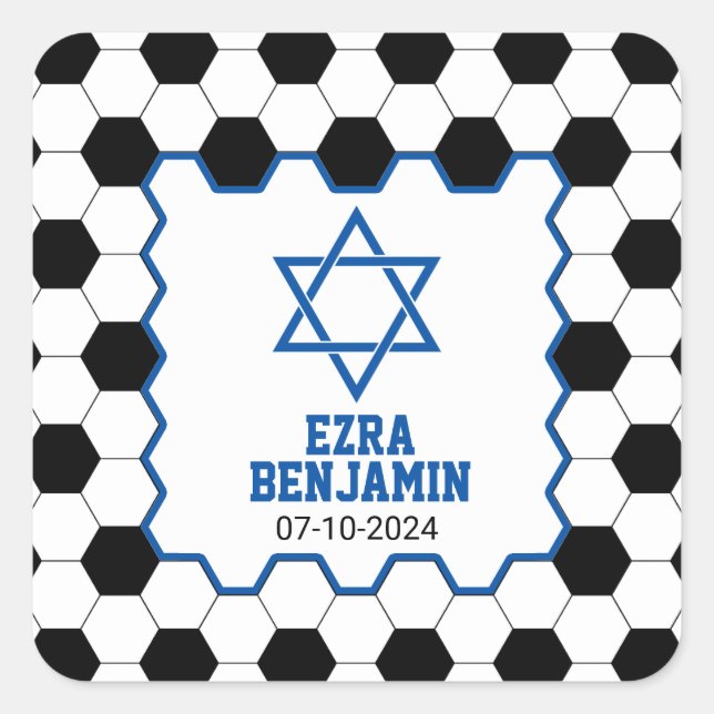 Sticker Carré Bar Mitzvah Balle de Football Bleu Noir Blanc (Devant)