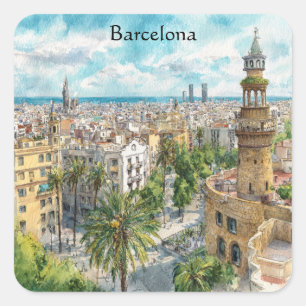 Sticker Carré Barcelone Espagne Catalogne Vue de la ville peintu