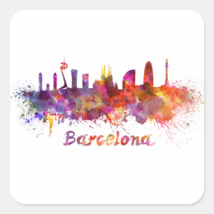 Sticker Carré Barcelone skyline in watercolor