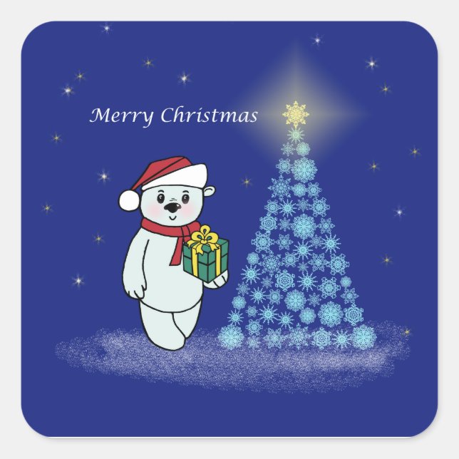 Sticker Carré Bärenkind neben dem Weihnachtsbaum (Devant)