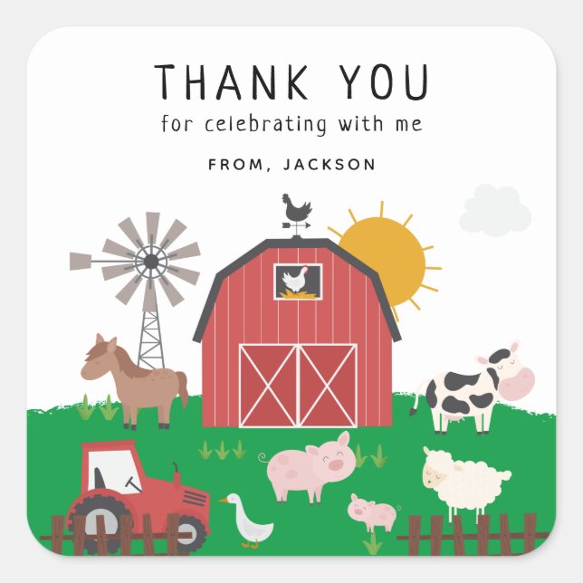 Sticker Carré Barnyard Farm Thème Anniversaire Merci (Devant)