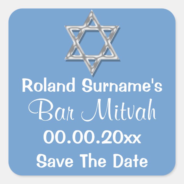 Sticker Carré Barre d'argent bleu mitzvah | enregistrer la date (Devant)