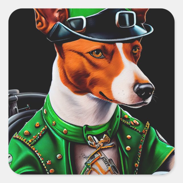 Sticker Carré Basenji Chien conduisant vélo St. Patrick's Day (Devant)