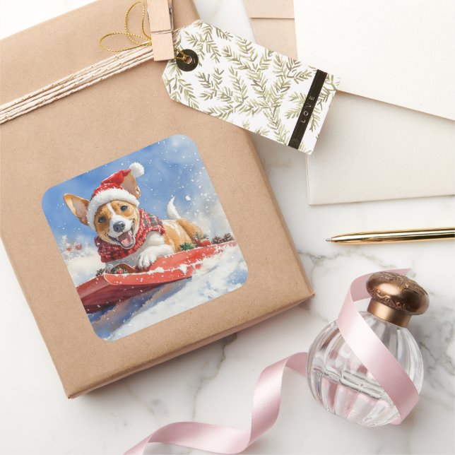 Sticker Carré Basenji Chien en rebord Laisser neiger Noël (Cadeaux)