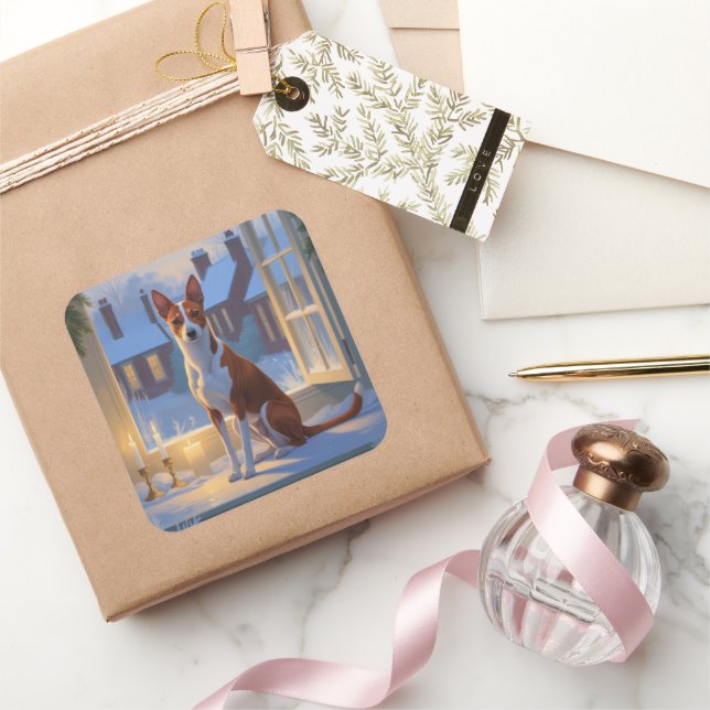 Sticker Carré Basenji With Christmas Lights Holiday (Cadeaux)
