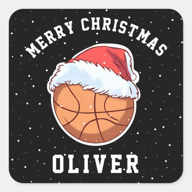 Sticker Carré Basket Ball Santa Chapeau Nom Joyeux Noël (Devant)