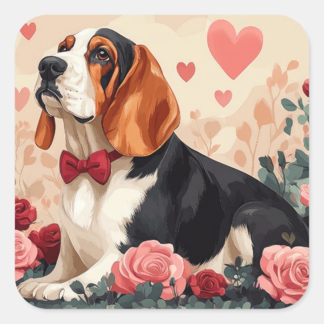 Sticker Carré Basset Hound avec Roses - Saint Valentin (Devant)