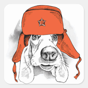 Sticker Carré Basset Hound Casquette rouge Ushanka