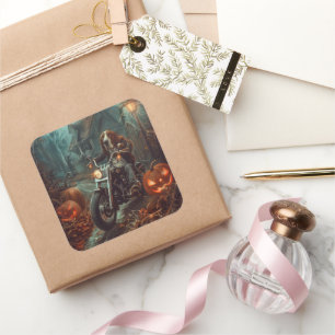 Sticker Carré Basset Hound équitation moto Halloween effrayant