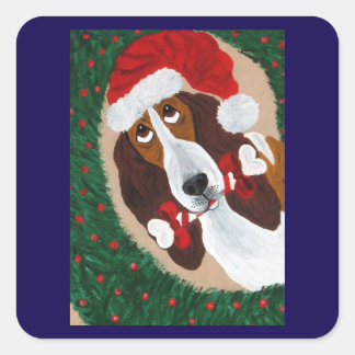 Sticker Carré Basset Hound Père Noël regardant à travers la Cour