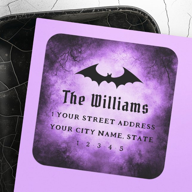 Sticker Carré Bat Halloween noir pourpre grunge adresse de retou (Bat Halloween black purple grunge return address Square Sticker)