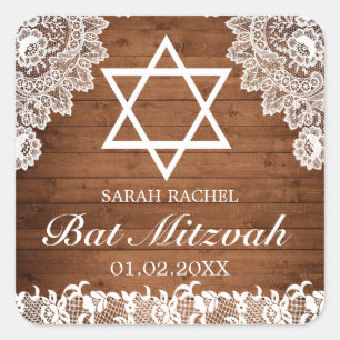 Sticker Carré Bat mitzvah de bar en dentelle rustique et blanc