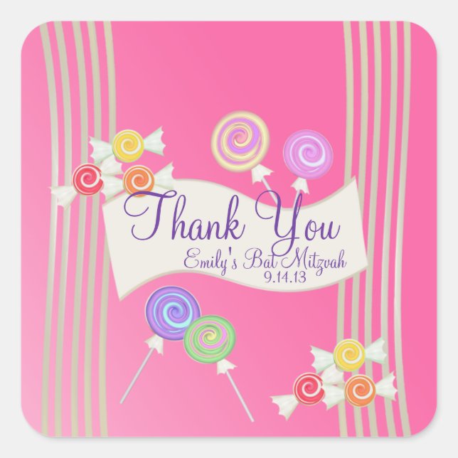 Sticker Carré Bat mitzvah de bonbons Favoriser Merci rose foncé (Devant)